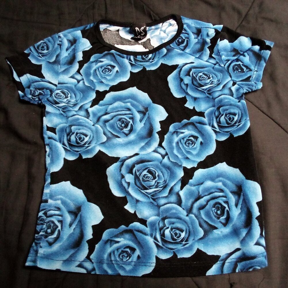 Vintage PerSeption Blue Rose Polyester Blouse Crop Top T-Shirt